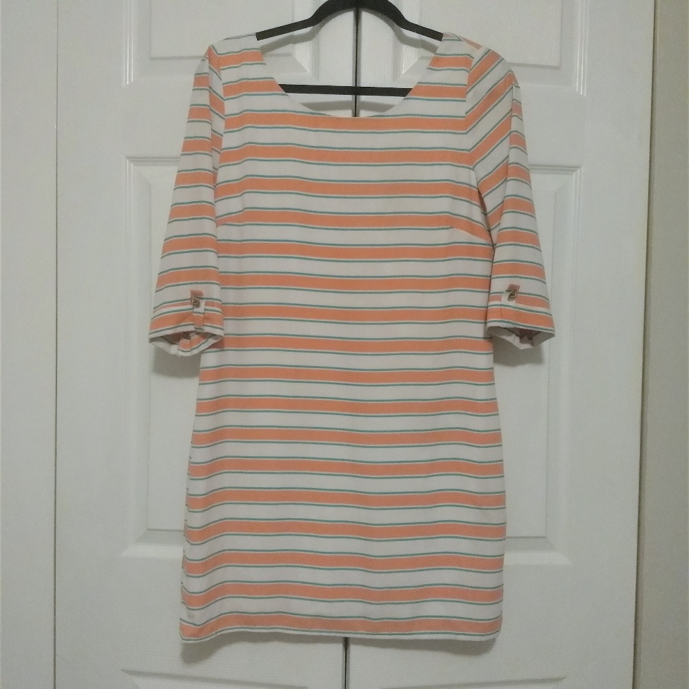 Coral and Blue Striped  Pink Owl Shift Dress